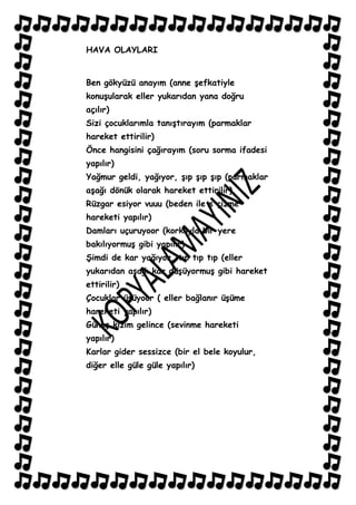 HAVA OLAYLARI


Ben gökyüzü anayım (anne Ģefkatiyle
konuĢularak eller yukarıdan yana doğru
açılır)
Sizi çocuklarımla tanıĢtırayım (parmaklar
hareket ettirilir)
Önce hangisini çağırayım (soru sorma ifadesi
yapılır)
Yağmur geldi, yağıyor, Ģıp Ģıp Ģıp (parmaklar
aĢağı dönük olarak hareket ettirilir)
Rüzgar esiyor vuuu (beden ile s çizme
hareketi yapılır)
Damları uçuruyoor (korkuyla bir yere
bakılıyormuĢ gibi yapılır)
ġimdi de kar yağıyor, tıp tıp tıp (eller
yukarıdan aĢağı kar düĢüyormuĢ gibi hareket
ettirilir)
Çocuklar üĢüyoor ( eller bağlanır üĢüme
hareketi yapılır)
GüneĢ kızım gelince (sevinme hareketi
yapılır)
Karlar gider sessizce (bir el bele koyulur,
diğer elle güle güle yapılır)
 