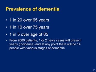Prevalence of dementia1 in 20 over 65 years1 in 10 over 75 years1 in 5 over age of 85From 2000 patients, 1 or 2 news cases will present yearly (incidence) and at any point there will be 14 people with various stages of dementia