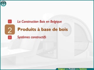 1   La Construction Bois en Belgique

2   Produits à base de bois
3   Systèmes constructifs




                                 Belgique ---- Produits ----- Systèmes
 