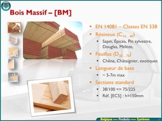 Bois Massif – [BM]
                      EN 14081 – Classes EN 338
                      Résineux (C14…40)
                         Sapin, Épicéa, Pin sylvestre,
                          Douglas, Mélèze,
                      Feuillus (D30…70)
                         Chêne, Châtaignier, exotiques
                      Longueur de base
                         ~ 5-7m max
                      Sections standard
                         38/100 => 75/225
                         Réf. [EC5] : h=150mm




                          Belgique ---- Produits ----- Systèmes   14
 