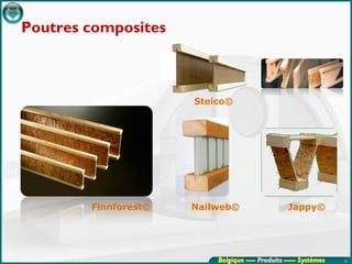 Poutres composites



                      Steico©




        Finnforest©   Nailweb©                    Jappy©




                          Belgique ---- Produits ----- Systèmes   30
 