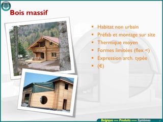 Bois massif
                 Habitat non urbain
                 Préfab et montage sur site
                 Thermique moyen
                 Formes limitées (flex <)
                 Expression arch. typée
                 (€)




                   Belgique ---- Produits ----- Systèmes   37
 