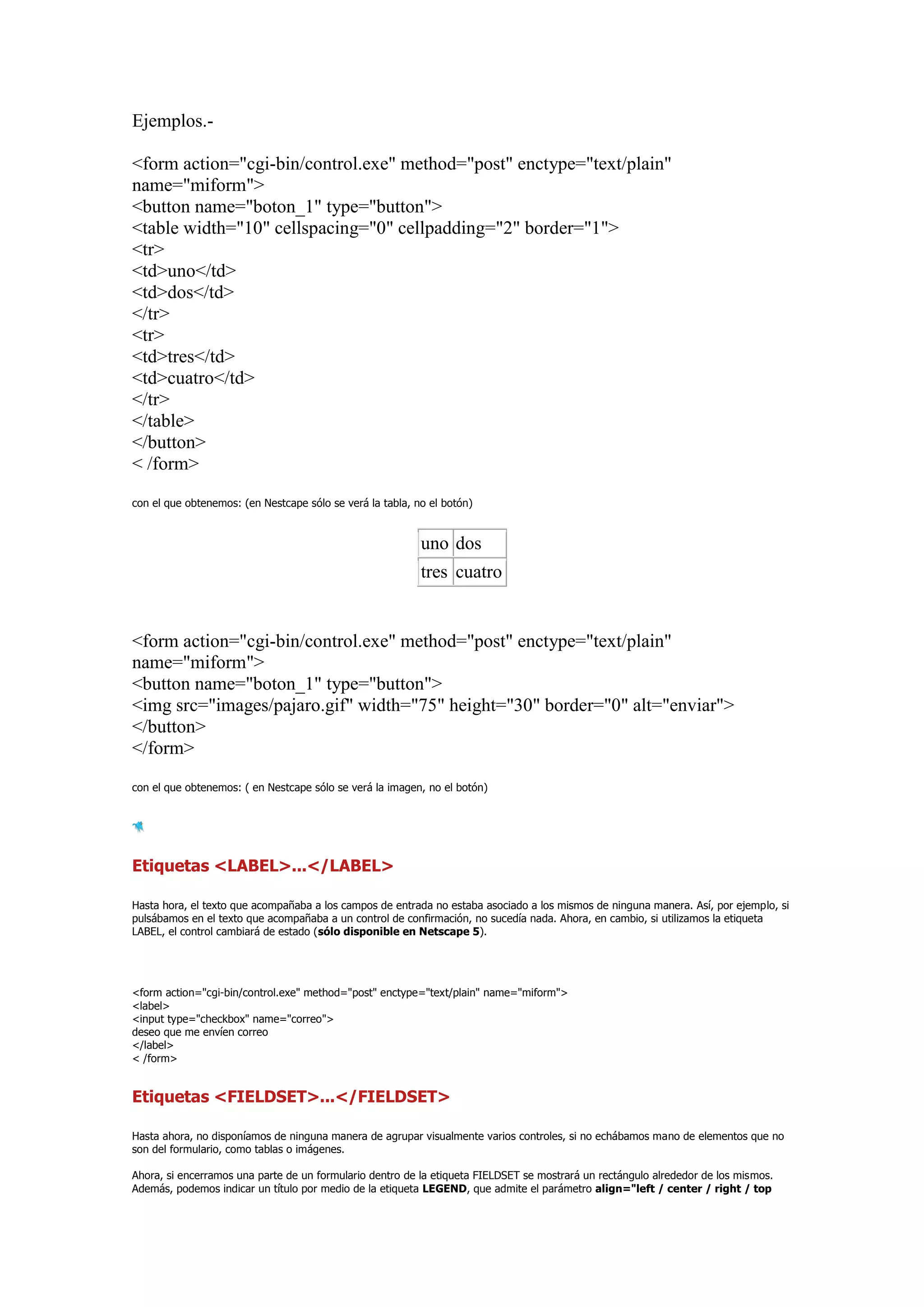 Ejemplos.-

<form action="cgi-bin/control.exe" method="post" enctype="text/plain"
name="miform">
<button name="boton_1" type="button">
<table width="10" cellspacing="0" cellpadding="2" border="1">
<tr>
<td>uno</td>
<td>dos</td>
</tr>
<tr>
<td>tres</td>
<td>cuatro</td>
</tr>
</table>
</button>
< /form>

con el que obtenemos: (en Nestcape sólo se verá la tabla, no el botón)


                                                           uno dos
                                                           tres cuatro


<form action="cgi-bin/control.exe" method="post" enctype="text/plain"
name="miform">
<button name="boton_1" type="button">
<img src="images/pajaro.gif" width="75" height="30" border="0" alt="enviar">
</button>
</form>

con el que obtenemos: ( en Nestcape sólo se verá la imagen, no el botón)




Etiquetas <LABEL>...</LABEL>

Hasta hora, el texto que acompañaba a los campos de entrada no estaba asociado a los mismos de ninguna manera. Así, por ejemplo, si
pulsábamos en el texto que acompañaba a un control de confirmación, no sucedía nada. Ahora, en cambio, si utilizamos la etiqueta
LABEL, el control cambiará de estado (sólo disponible en Netscape 5).




<form action="cgi-bin/control.exe" method="post" enctype="text/plain" name="miform">
<label>
<input type="checkbox" name="correo">
deseo que me envíen correo
</label>
< /form>


Etiquetas <FIELDSET>...</FIELDSET>

Hasta ahora, no disponíamos de ninguna manera de agrupar visualmente varios controles, si no echábamos mano de elementos que no
son del formulario, como tablas o imágenes.

Ahora, si encerramos una parte de un formulario dentro de la etiqueta FIELDSET se mostrará un rectángulo alrededor de los mismos.
Además, podemos indicar un título por medio de la etiqueta LEGEND, que admite el parámetro align="left / center / right / top
 