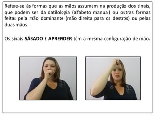 Refere-se às formas que as mãos assumem na produção dos sinais,
que podem ser da datilologia (alfabeto manual) ou outras formas
feitas pela mão dominante (mão direita para os destros) ou pelas
duas mãos.
Os sinais SÁBADO E APRENDER têm a mesma configuração de mão.
 