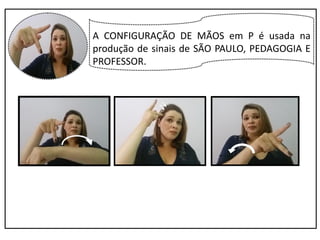 A CONFIGURAÇÃO DE MÃOS em P é usada na
produção de sinais de SÃO PAULO, PEDAGOGIA E
PROFESSOR.
 