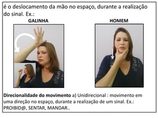 é o deslocamento da mão no espaço, durante a realização
do sinal. Ex.:
GALINHA HOMEM
Direcionalidade do movimento a) Unidirecional : movimento em
uma direção no espaço, durante a realização de um sinal. Ex.:
PROIBID@, SENTAR, MANDAR..
 