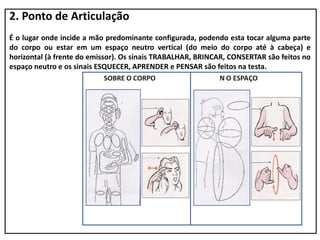2. Ponto de Articulação
É o lugar onde incide a mão predominante configurada, podendo esta tocar alguma parte
do corpo ou estar em um espaço neutro vertical (do meio do corpo até à cabeça) e
horizontal (à frente do emissor). Os sinais TRABALHAR, BRINCAR, CONSERTAR são feitos no
espaço neutro e os sinais ESQUECER, APRENDER e PENSAR são feitos na testa.
 