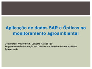 Aplicação de dados SAR e Ópticos no
monitoramento agroambiental
Doutorando: Wesley dos S. Carvalho RA 866480
Programa de Pós Graduação em Ciências Ambientais e Sustentabilidade
Agropecuaria
 