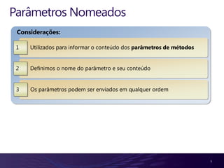Parâmetros Nomeados
 Considerações:

 1   Utilizados para informar o conteúdo dos parâmetros de métodos


 2   Definimos o nome do parâmetro e seu conteúdo


 3   Os parâmetros podem ser enviados em qualquer ordem




                                                                     5
 