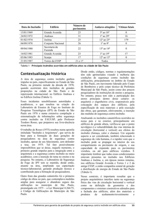 Data do Incêndio
13/01/1969
24/02/1972
01/02/1974
04/09/1978
09/04/1980
14/02/1981
03/06/1983
21/05/1987

Edifício
Grande Avenida
Andraus
Joelma
Conjunto Nacional
Secretaria da
Fazenda
Grande Avenida
Scarpa
Torres da CESP

Número de
pavimentos
23
31
25
26

Andares atingidos

Vítimas fatais

5º ao 18º
1º ao 29º
12º ao 25º
1º ao 9º

0
16
179
0

22

13º ao 14º

0

23
17
21 e 17

1º ao 19º
12º ao 13º
Todos

17
0
2

Tabela 1 – Principais incêndios ocorridos em edifícios altos na cidade de São Paulo

Contextualização histórica
A área de segurança contra incêndio ganhou
impulso no país, especificamente no Estado de São
Paulo, na primeira metade da década de 1970,
quando ocorreram dois incêndios de grandes
proporções na cidade de São Paulo e de
repercussão internacional: no Edifício Andraus e
no Edifício Joelma (Tabela 1).
Esses incidentes sensibilizaram autoridades e
acadêmicos, o que resultou na criação do
Laboratório de Ensaios de Fogo no Instituto de
Pesquisas Tecnológicas (IPT) do Estado de São
Paulo em 1976 e numa extensiva compilação e
sistematização de informações sobre segurança
contra incêndio na FAUUSP, pelo Professor
Teodoro Rosso, que preparava sua livre-docência
nessa área.

Desde então, códigos, normas e regulamentações
têm sido aprimorados visando à melhoria das
condições de segurança contra incêndio das
edificações, principalmente no âmbito do Estado
de São Paulo, em movimento liderado pelo Corpo
de Bombeiros e pelo corpo técnico da Prefeitura
Municipal de São Paulo, assim como dos poucos
pesquisadores de instituições de ensino e pesquisa.
No entanto, pouca tem sido a participação dos
atores principais dentro desse cenário: os
arquitetos e engenheiros civis, responsáveis pela
concepção dos espaços dos edifícios, pela
especificação de seus materiais e pela execução
das obras, que garantam, efetivamente, a inserção
das medidas de segurança contra incêndio.

O trabalho de Rosso (1975) resultou numa apostila
intitulada “Incêndio e Arquitetura”, que serviu de
base para a formação de duas gerações de
pesquisadores na área de segurança contra
incêndio, apesar de seu falecimento, sem defender
a tese, em 1975. Tal fato possivelmente
impossibilitou que se desse, naquele momento, o
primeiro grande impulso para a integração entre a
arquitetura e a segurança contra incêndio no meio
acadêmico, com a inserção do tema no ensino e na
pesquisa. No entanto, o Laboratório de Segurança
de Fogo do IPT tem se mantido, desde então,
atuante na área, ampliando sua capacitação
técnico-laboratorial, gerando produção técnica e
contribuindo para a formação de pesquisadores.

Analisando os incêndios catastróficos ocorridos no
nosso país e no exterior, principalmente em
edifícios de grande altura, verifica-se que o ponto
nevrálgico é a vulnerabilidade das vias internas de
circulação (horizontal e vertical) aos efeitos do
incêndio (fumaça, calor e chamas). Um segundo
aspecto a ser considerado, também relacionado à
segurança da vida humana, é a rapidez com que o
incêndio pode se propagar no interior do seu
compartimento ou pavimento de origem, e sua
capacidade de expansão para os pavimentos
vizinhos, ou até para edifícios vizinhos. É
importante lembrar que todas essas condicionantes
estavam presentes no incêndio nos Edifícios
Andraus e Joelma, e, em épocas menos remotas,
nos edifícios Grande Avenida e Torres 1 e 2 da
antiga CESP, a então companhia estatal de geração
e distribuição de energia do Estado de São Paulo
(Tabela 1).

Outro fruto das grandes catástrofes foi o primeiro
código de obras no país, que contemplava medidas
amplas para assegurar o abandono seguro das
edificações no município de São Paulo,
promulgado em 1975 – a Lei Municipal 8.266/75,
o Código de Edificações do Município de São
Paulo.

Nesse contexto, é importante ressaltar que o
projeto arquitetônico interfere tanto na segurança
física das vias de circulação horizontal e vertical
como na definição da geometria e dos
componentes e sistemas construtivos adotados para
a fachada dos edifícios, além dos materiais e
produtos
de
acabamento/revestimento
e

Parâmetros para garantia da qualidade do projeto de segurança contra incêndio em edifícios altos

99

 
