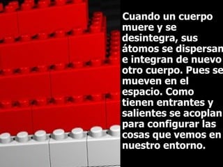 Cuando un cuerpo muere y se desintegra, sus átomos se dispersan e integran de nuevo otro cuerpo. Pues se mueven en el espacio. Como tienen entrantes y salientes se acoplan para configurar las cosas que vemos en nuestro entorno.  
