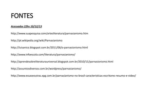 FONTES
Acessados 22hs 10/12/13
http://www.suapesquisa.com/artesliteratura/parnasianismo.htm
http://pt.wikipedia.org/wiki/Parnasianismo
http://luisanico.blogspot.com.br/2011/06/o-parnasionismo.html
http://www.infoescola.com/literatura/parnasianismo/
http://aprendesobreliteraturauniversal.blogspot.com.br/2010/11/parnasionismo.html
http://assuntosdiversos.com.br/wordpress/parnasianismo/
http://www.essaseoutras.xpg.com.br/parnasianismo-no-brasil-caracteristicas-escritores-resumo-e-video/

 