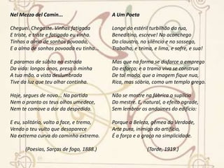 Profissão de FéLe poète est ciseleur,Le ciseleur est poète.Victor Hugo.[Tradução livre: O poeta é ourives/ O ourives é poeta.](...) Mais que esse vulto extraordinário, Que assombra a vista,Seduz-me um leve relicário De fino artista.Invejo o ourives quando escrevo:Imito o amorCom que ele, em ouro, o alto relevo Faz de uma flor.Imito-o. E, pois, nem de Carrara A pedra firo:O alvo cristal, a pedra rara, O ônix prefiro.Por isso, corre, por servir-me, Sobre o papelA pena, como em prata firme Corre o cinzel.Corre; desenha, enfeita a imagem, A idéia veste:Cinge-lhe ao corpo a ampla roupagem Azul-celeste.Torce, aprimora, alteia, lima A frase; e, enfim, No verso de ouro engasta a rima, Como um rubim.Quero que a estrofe cristalina, Dobrada ao jeito Do ourives, saia da oficina Sem um defeito:E que o lavor do verso, acaso, Por tão subtil,Possa o lavor lembrar de um vaso De Becerril.E horas sem conto passo, mudo, O olhar atento,A trabalhar, longe de tudo O pensamento.Porque o escrever - tanta perícia, Tanta requer,Que oficio tal... nem há notícia De outro qualquer.(...) Caia eu também, sem esperança, Porém tranqüilo,Inda, ao cair, vibrando a lança, Em prol do Estilo!