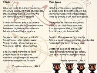 Em seu livro de estréia, em 1877, as Canções românticas, (...) O anti-romantismo vinha da França, a partir de um plêiade de poetas reunidos no ParnasseContemporain, Leconte de Lisle, Banvill, Gautier. Nas Meridionais (1884) está o seu momento mais alto no que concerne à ortodoxia parnasiana. Concretiza-se o forte pendor pelo objetivismo e pelas cenas exteriores, o amor da natureza, o culto da forma, a pintura da paisagem, a linguagem castiça e a versificação rica. Essas qualidades se acentuam nas obras posteriores. Com os Sonetos e poemas, os Versos e rimas e, sobretudo, com as coletâneas das quatro séries de Poesias, que se sucederam nos anos de 1900, 1905, 1913 e 1928, é que ele patenteou todo o seu talento de poeta, a sua arte, a sua perfeita mestria. Foi um dos maiores cultores do soneto em língua portuguesa. Com Raimundo Correia e Olavo Bilac, constituiu a trindade parnasiana no Brasil. (....) Tendo envelhecido tranqüilamente, Alberto de Oliveira pôde assistir, através de uma longa existência, ao fim da sua escola poética. Mas o fez com a mesma grandeza, serenidade e fino senso estético que foram os traços característicos da sua vida e da obra. O Soneto que abre a 4ª. série das Poesias (1928), "Agora é tarde para novo rumo/ dar ao sequioso espírito;..." sintetiza bem a sua consciência de poeta e o elevado conceito em que punha a sua arte.Durante toda a carreira literária, colaborou também em jornais cariocas: Gazetinha, A Semana, Diário do Rio de Janeiro, Mequetrefe, Combate, Gazeta da Noite, Tribuna de Petrópolis, Revista Brasileira, Correio da Manhã, Revista do Brasil, Revista de Portugal, Revista de Língua Portuguesa. Era um apaixonado bibliógrafo, e chegou a possuir uma das bibliotecas mais escolhidas e valiosas de clássicos brasileiros e portugueses, que doou à Academia Brasileira de Letras.Alberto de Oliveira 