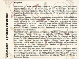 Parnasianismo no BrasilO Parnasianismo chega ao Brasil na década de 1870, firmou-se com a publicação de Sinfonias (1883), de Raimundo Correia. Desenvolve-se no Brasil como o “Realismo de Estilo”, uma contraposição ao Romantismo – a essa altura era marcantemente de 3ª geração, aquela dos abolicionistas e republicanos, marcada por uma retórica exagerada e apelativa, que não caiu no gosto popular –, contudo tendeu muito a sensibilidade, não apenas fixando-se no racionalismo neutro de um parnaso rígido. Você pode encontrar mais informações e detalhes do desenvolvimento do Parnasianismo Brasileiro nas biografias dos três poetas ao lado.Alberto de Oliveira, Raimundo Correia e Olavo Bilac: a trindade do parnaso brasileiro.