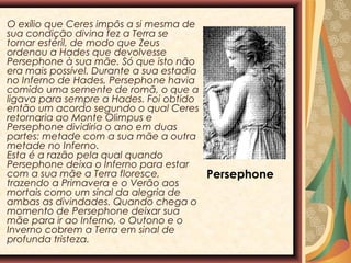 O exílio que Ceres impôs a si mesma de
sua condição divina fez a Terra se
tornar estéril, de modo que Zeus
ordenou a Hades que devolvesse
Persephone à sua mãe. Só que isto não
era mais possível. Durante a sua estadia
no Inferno de Hades, Persephone havia
comido uma semente de romã, o que a
ligava para sempre a Hades. Foi obtido
então um acordo segundo o qual Ceres
retornaria ao Monte Olimpus e
Persephone dividiria o ano em duas
partes: metade com a sua mãe a outra
metade no Inferno.
Esta é a razão pela qual quando
Persephone deixa o Inferno para estar
com a sua mãe a Terra floresce,
trazendo a Primavera e o Verão aos
mortais como um sinal da alegria de
ambas as divindades. Quando chega o
momento de Persephone deixar sua
mãe para ir ao Inferno, o Outono e o
Inverno cobrem a Terra em sinal de
profunda tristeza.

Persephone

 