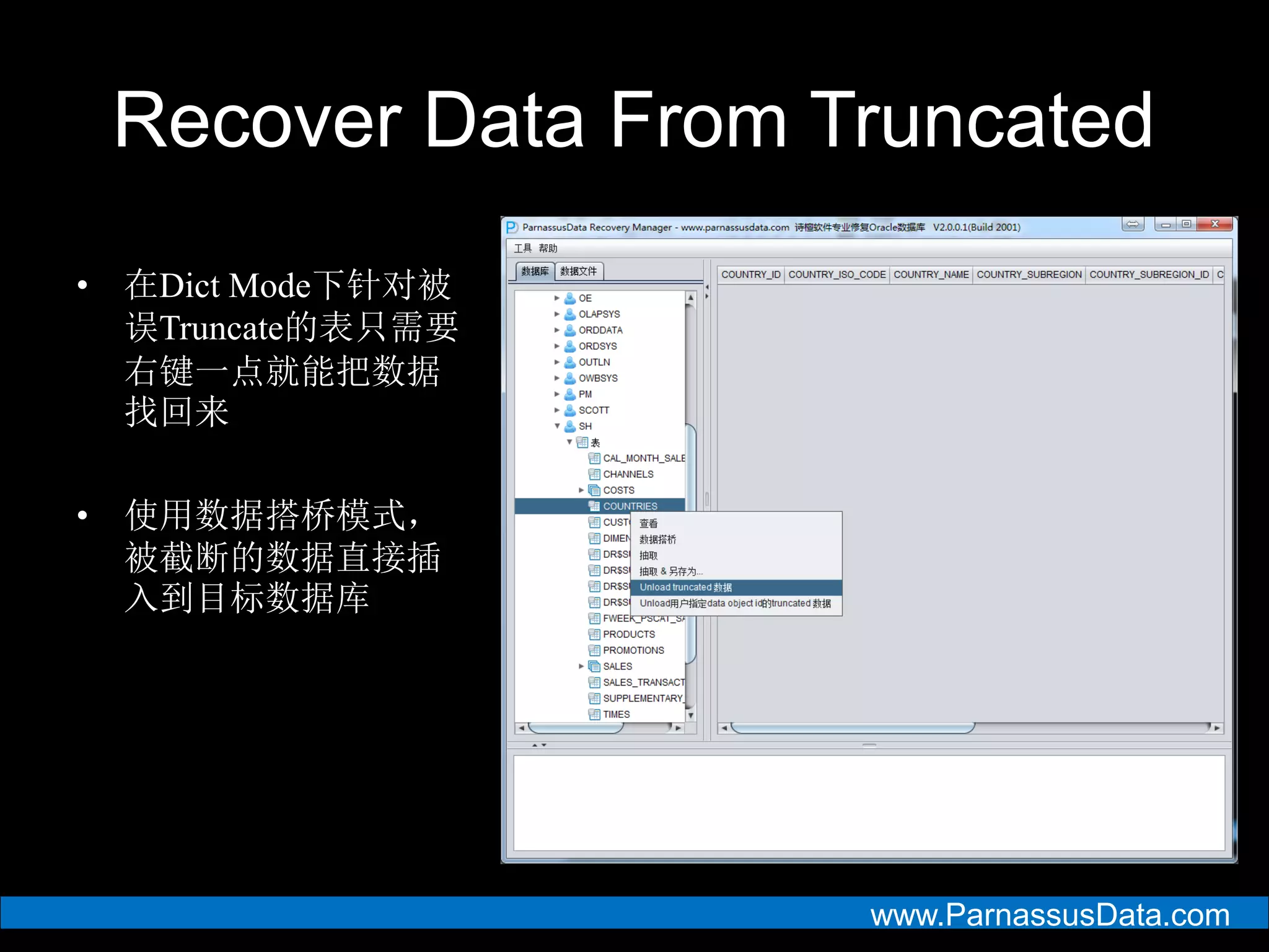 www.ParnassusData.com
Recover Data From Truncated
• 在Dict Mode下针对被
误Truncate的表只需要
右键一点就能把数据
找回来
• 使用数据搭桥模式，
被截断的数据直接插
入到目标数据库
 