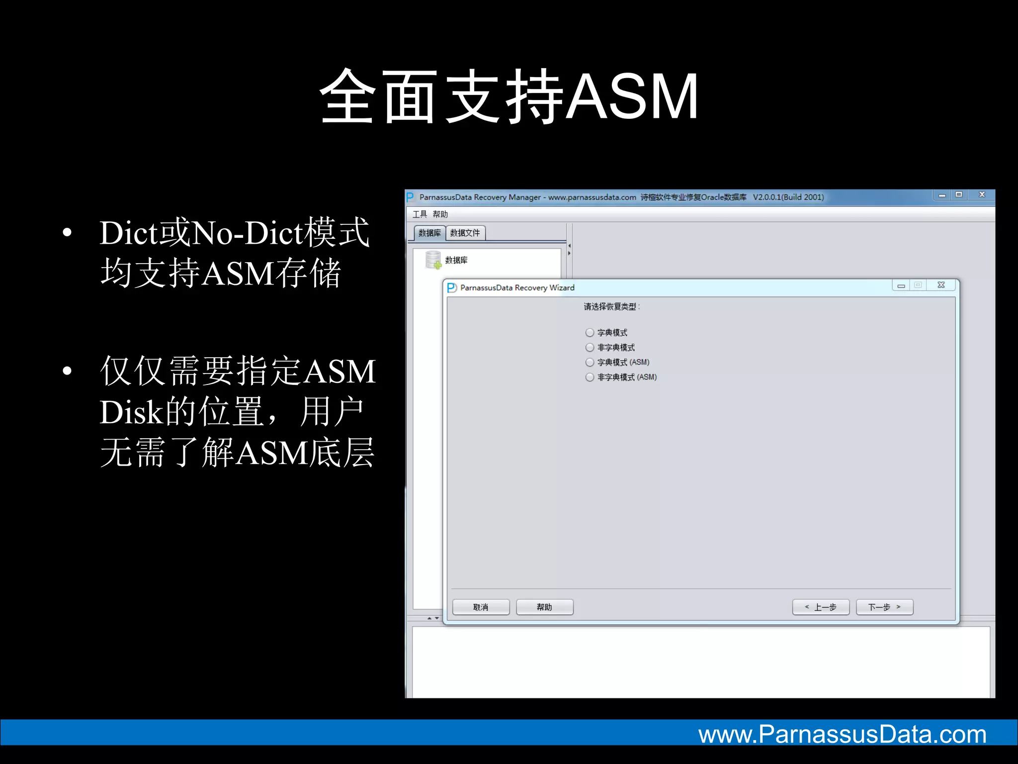 www.ParnassusData.com
全面支持ASM
• Dict或No-Dict模式
均支持ASM存储
• 仅仅需要指定ASM
Disk的位置，用户
无需了解ASM底层
 