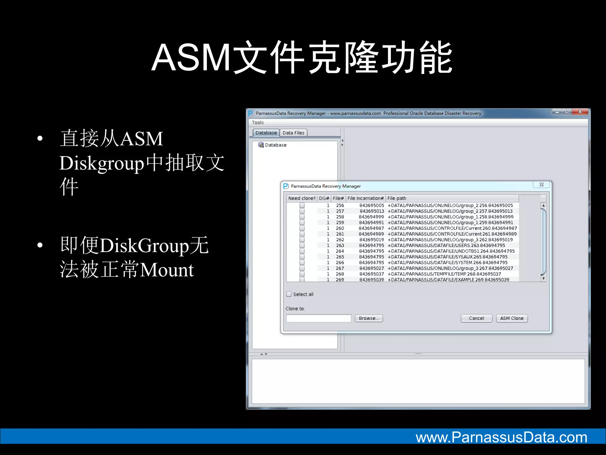 www.ParnassusData.com
ASM文件克隆功能
• 直接从ASM
Diskgroup中抽取文
件
• 即便DiskGroup无
法被正常Mount
 
