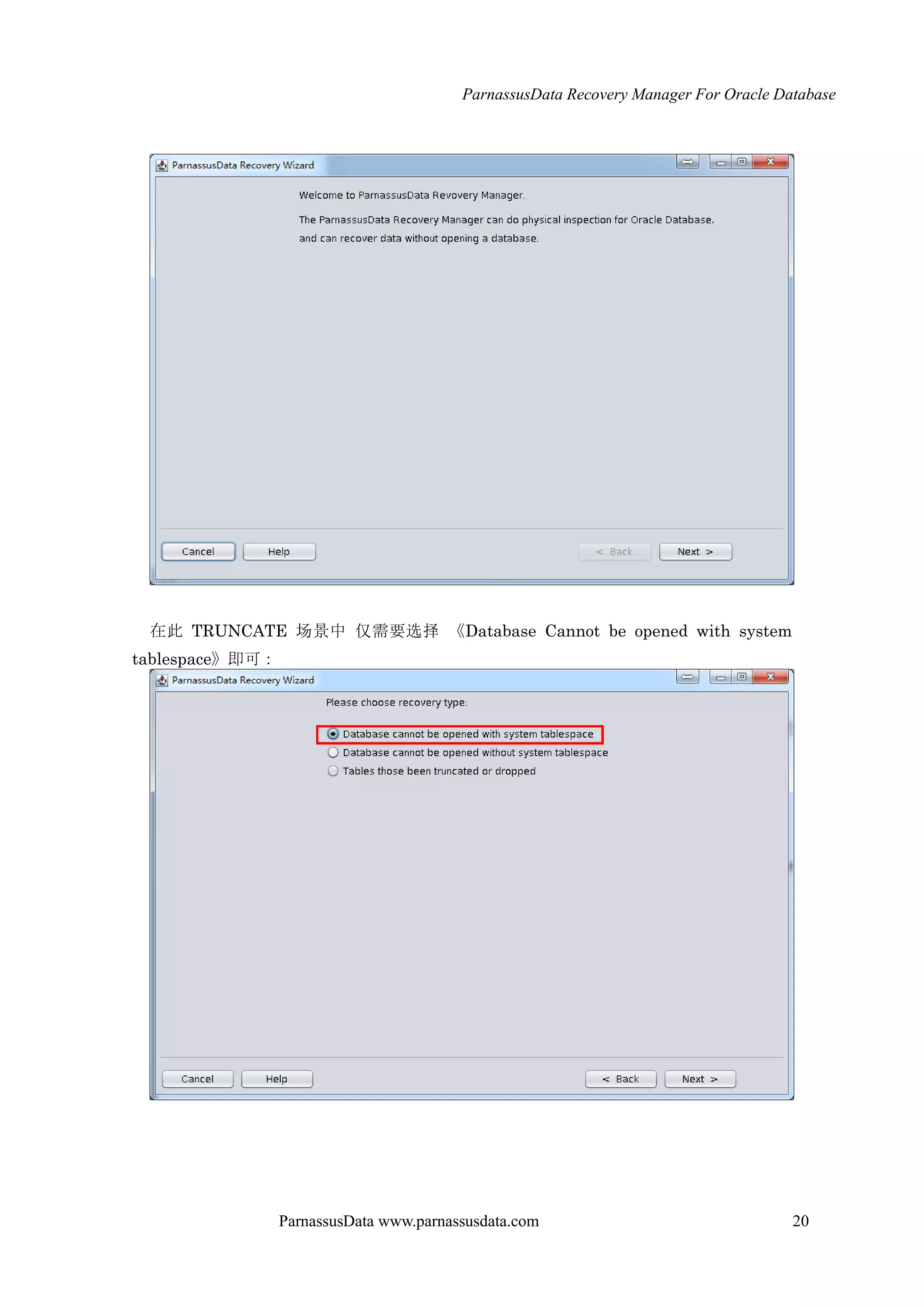 ParnassusData Recovery Manager For Oracle Database
ParnassusData www.parnassusdata.com 20
在此 TRUNCATE 场景中 仅需要选择 《Database Cannot be opened with system
tablespace》即可：
 