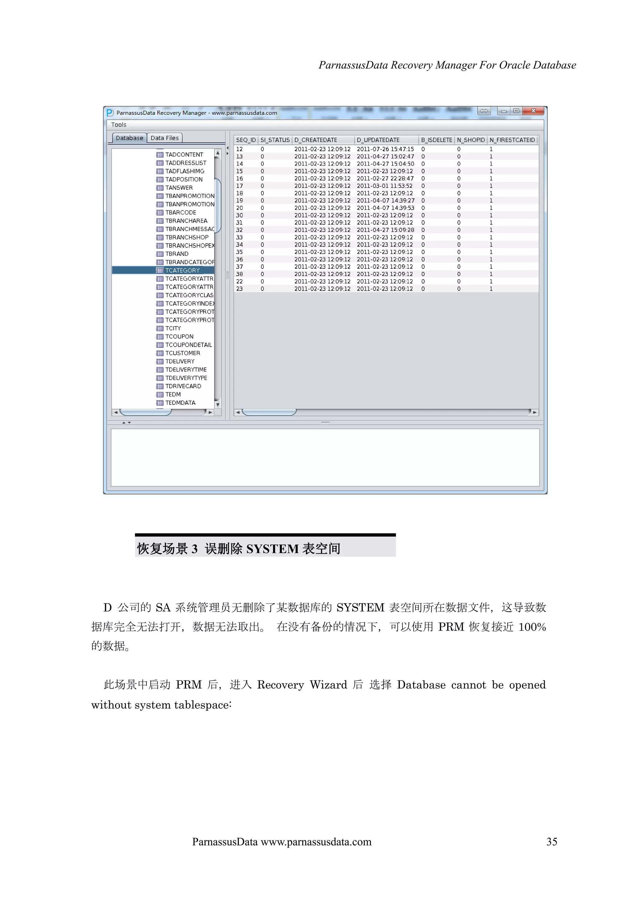 ParnassusData Recovery Manager For Oracle Database
ParnassusData www.parnassusdata.com 35
恢复场景 3 误删除 SYSTEM 表空间
D 公司的 SA 系统管理员无删除了某数据库的 SYSTEM 表空间所在数据文件，这导致数
据库完全无法打开，数据无法取出。 在没有备份的情况下，可以使用 PRM 恢复接近 100%
的数据。
此场景中启动 PRM 后，进入 Recovery Wizard 后 选择 Database cannot be opened
without system tablespace:
 