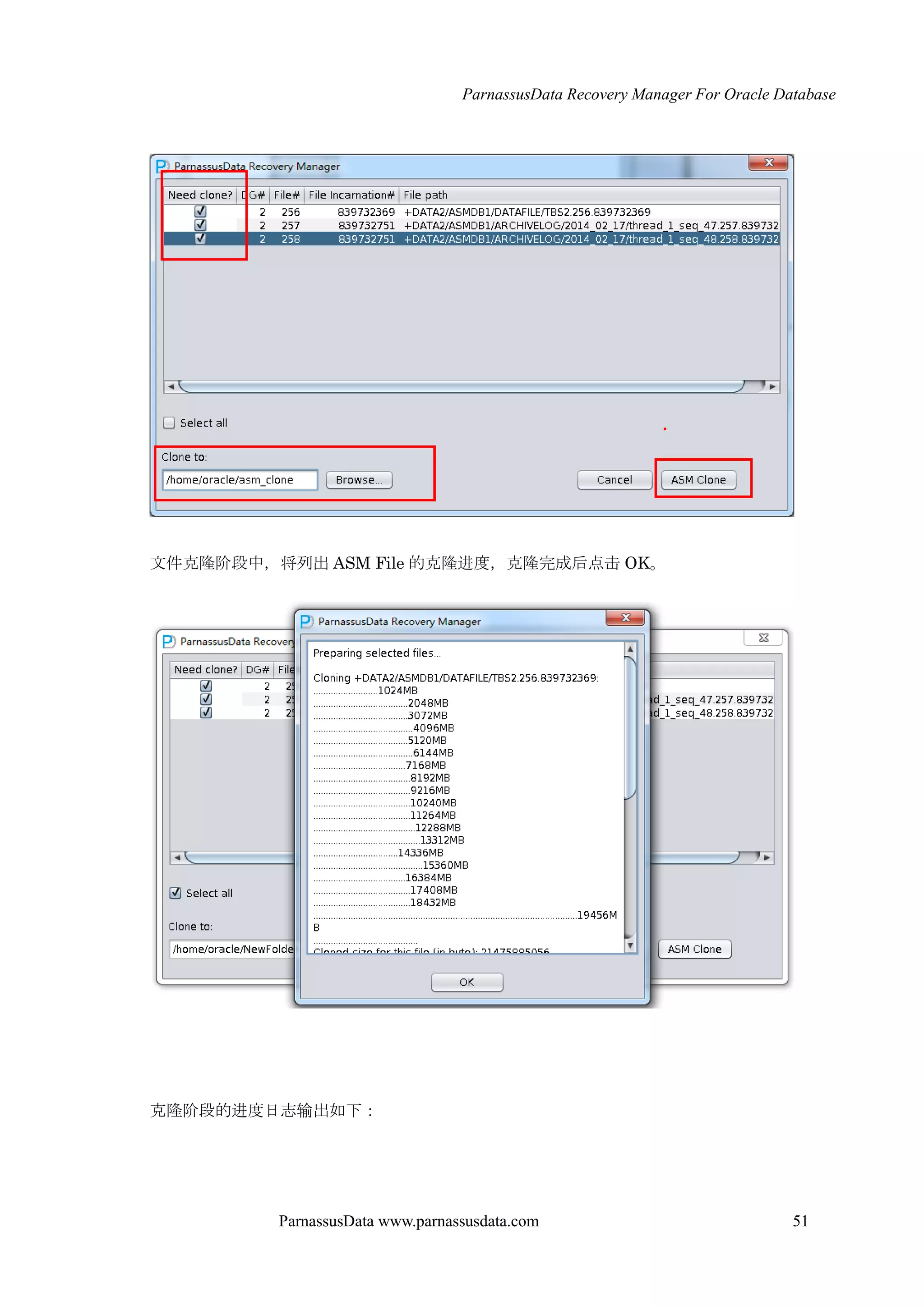 ParnassusData Recovery Manager For Oracle Database
ParnassusData www.parnassusdata.com 51
文件克隆阶段中，将列出 ASM File 的克隆进度，克隆完成后点击 OK。
克隆阶段的进度日志输出如下：
 