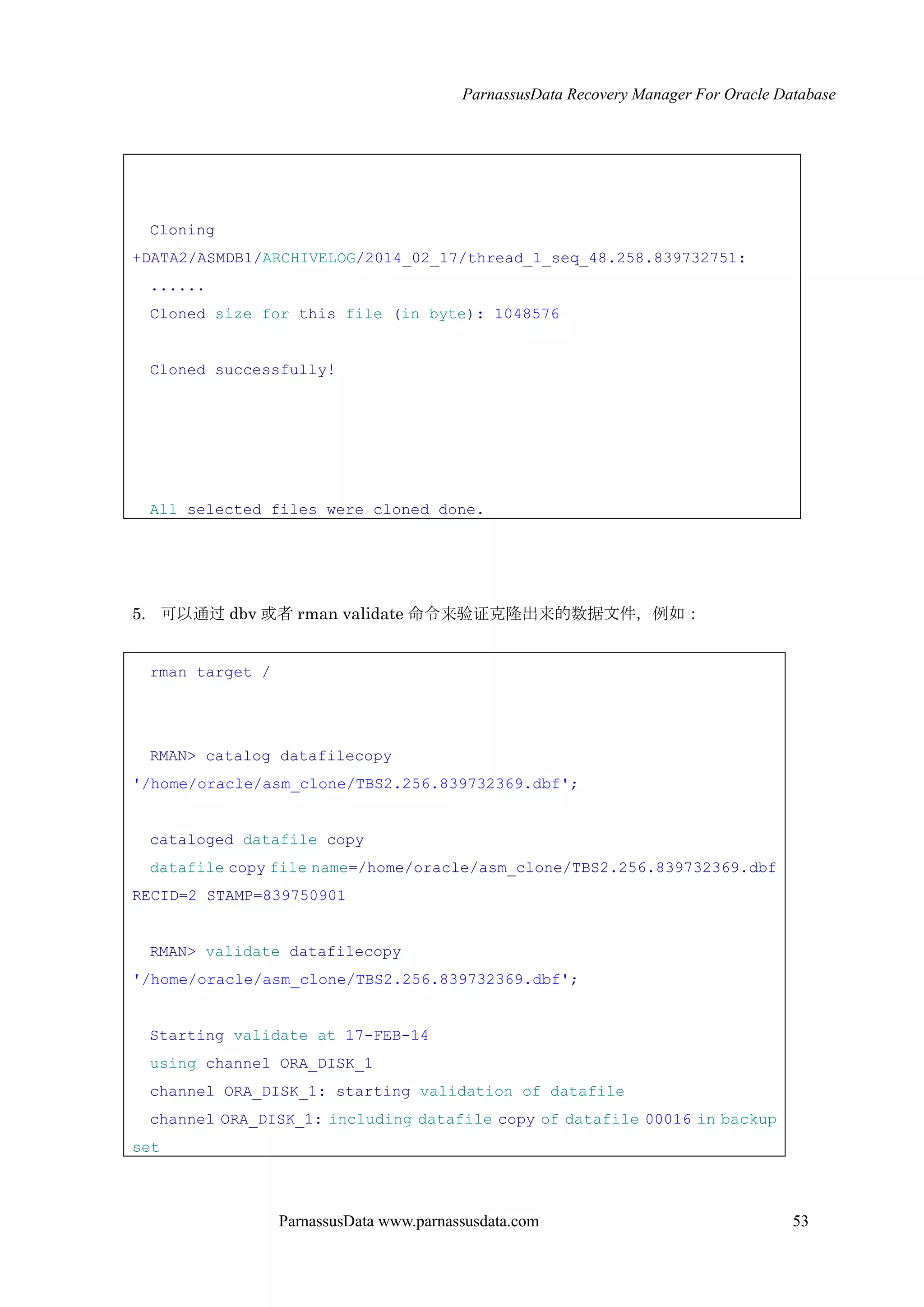 ParnassusData Recovery Manager For Oracle Database
ParnassusData www.parnassusdata.com 53
Cloning
+DATA2/ASMDB1/ARCHIVELOG/2014_02_17/thread_1_seq_48.258.839732751:
......
Cloned size for this file (in byte): 1048576
Cloned successfully!
All selected files were cloned done.
5. 可以通过 dbv 或者 rman validate 命令来验证克隆出来的数据文件，例如：
rman target /
RMAN> catalog datafilecopy
'/home/oracle/asm_clone/TBS2.256.839732369.dbf';
cataloged datafile copy
datafile copy file name=/home/oracle/asm_clone/TBS2.256.839732369.dbf
RECID=2 STAMP=839750901
RMAN> validate datafilecopy
'/home/oracle/asm_clone/TBS2.256.839732369.dbf';
Starting validate at 17-FEB-14
using channel ORA_DISK_1
channel ORA_DISK_1: starting validation of datafile
channel ORA_DISK_1: including datafile copy of datafile 00016 in backup
set
 