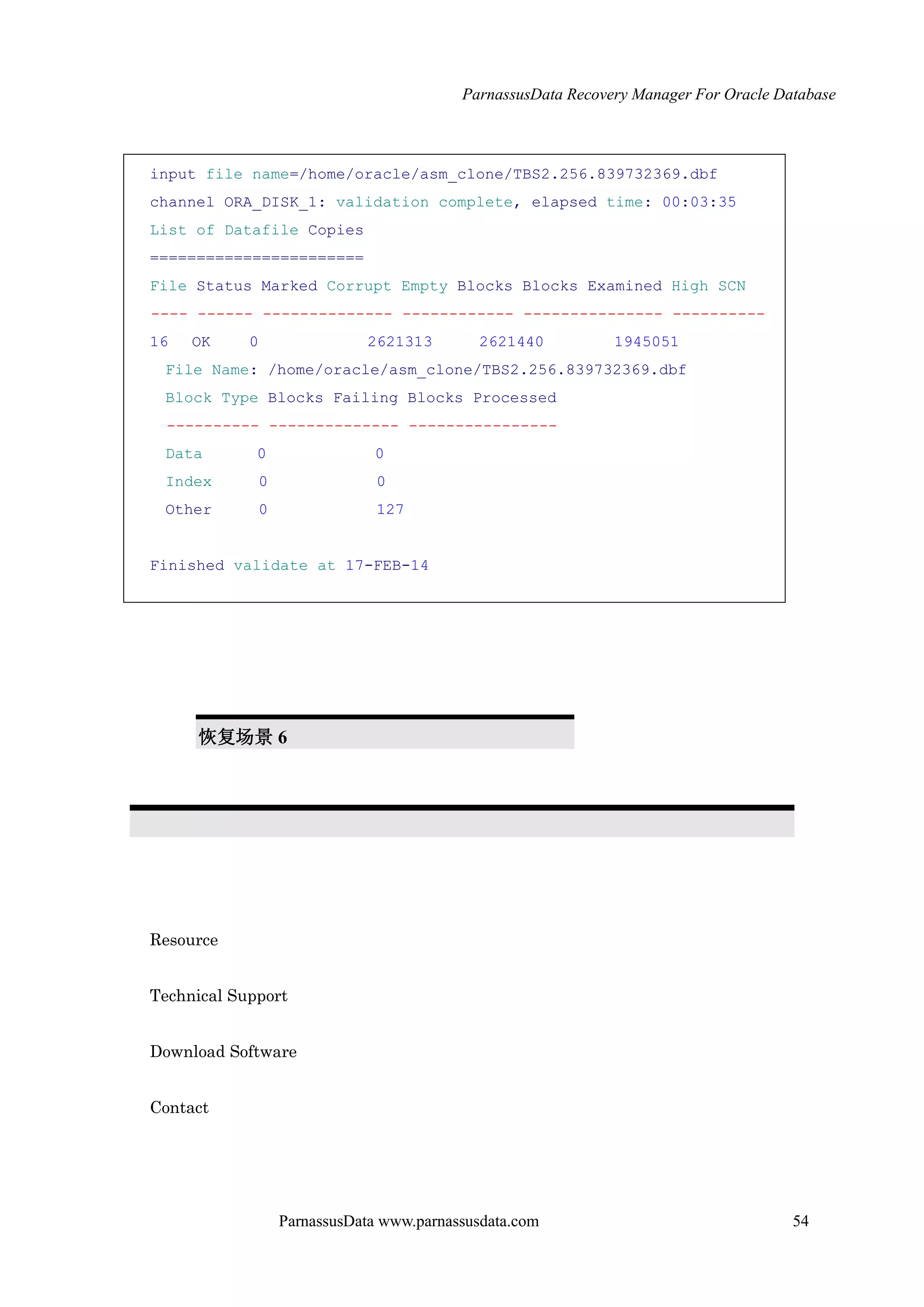 ParnassusData Recovery Manager For Oracle Database
ParnassusData www.parnassusdata.com 54
input file name=/home/oracle/asm_clone/TBS2.256.839732369.dbf
channel ORA_DISK_1: validation complete, elapsed time: 00:03:35
List of Datafile Copies
=======================
File Status Marked Corrupt Empty Blocks Blocks Examined High SCN
---- ------ -------------- ------------ --------------- ----------
16 OK 0 2621313 2621440 1945051
File Name: /home/oracle/asm_clone/TBS2.256.839732369.dbf
Block Type Blocks Failing Blocks Processed
---------- -------------- ----------------
Data 0 0
Index 0 0
Other 0 127
Finished validate at 17-FEB-14
恢复场景 6
Resource
Technical Support
Download Software
Contact
 