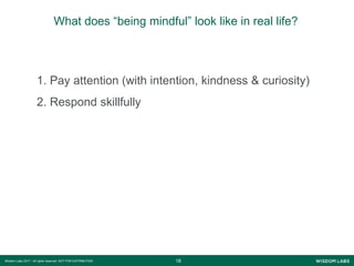 1818Wisdom Labs 2017 - All rights reserved NOT FOR DISTRIBUTION
What does “being mindful” look like in real life?
1. Pay attention (with intention, kindness & curiosity)
2. Respond skillfully
 