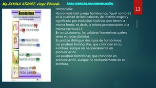 13Homonimia
Homonimia (del griego homōnymos, ‘igual nombre’)
es la cualidad de dos palabras, de distinto origen y
significado por evolución histórica, que tienen la
misma forma, es decir, la misma pronunciación o la
misma escritura.12
En un diccionario, las palabras homónimas suelen
tener entradas distintas.
Es posible distinguir dos tipos de homónimos:
Las palabras homógrafas, que coinciden en su
escritura, aunque no necesariamente en
pronunciación.
Las palabras homófonas, que coinciden en
pronunciación, aunque no necesariamente en su
escritura.
 