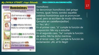 17Homófono
Se denominan homófonos (del griego
homos, igual; fonos, sonido) aquellas
palabras homónimas que se pronuncian
igual, pero se escriben de modo diferente.
Ejemplos en castellano[editar]
a / ha / ah /
En el primer caso, "a" cumple la función de
preposición: Me voy a estudiar.
En el segundo caso, "ha" cumple la función
de verbo: Me ha dicho mentiras.
En el tercer caso, "ah" cumple la función de
exclamación: ¡Ah, al fin llegó!
 