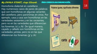 18Homofonía dialectal en castellano
Hay numerosos casos de pares de palabras
que son homófonas en algunas variantes
del castellano, pero parónimas en otras. Por
ejemplo, casa y caza son homófonas en las
variedades seseantes y en las ceceantes,
pero no en las variedades que diferencian
los fonemas /s/ y /θ/. De igual manera,
cayado y callado son homófonas en las
variedades yeístas, pero no en las que
diferencian los fonemas /ʝ̞ / y /ʎ/.
 
