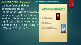 20Los homónimos deben
diferenciarse de los
“homófonos”, que son palabras
que suenan igual pero que se
escriben diferente y que tienen
significado diferente, como por
ejemplo: “ola” y “hola”; “caza” y
“casa” o “cien” y “sien”.
 