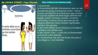 271 Homonimia
La homonimia (del latín homonymus, que a su vez
procede del griego homōnymos: homo- 'mismo' +
ōnymos 'nombre'[1]) es el fenómeno que consiste
en que dos palabras de etimologías distintas han
llegado a tener "el mismo nombre", el mismo
significante, la misma forma, pero que por ser
palabras diferentes tienen también significados
distintos. Por ejemplo:
El latín venit (él/ella vino) evolucionó y ha dado el
castellano vino (él/ella vino).
El latín vinum ("vino" = zumo de uva fermentado)
evolucionó a vino (bebida)
En consecuencia, hay una sola forma vino para 1.
vino (llegó) y 2. vino (bebida).
 