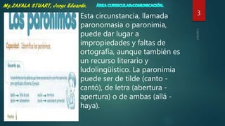 3Esta circunstancia, llamada
paronomasia o paronimia,
puede dar lugar a
impropiedades y faltas de
ortografía, aunque también es
un recurso literario y
ludolingüístico. La paronimia
puede ser de tilde (canto -
cantó), de letra (abertura -
apertura) o de ambas (allá -
haya).
 