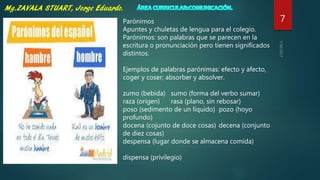 7Parónimos
Apuntes y chuletas de lengua para el colegio.
Parónimos: son palabras que se parecen en la
escritura o pronunciación pero tienen significados
distintos.
Ejemplos de palabras parónimas: efecto y afecto,
coger y coser; absorber y absolver.
zumo (bebida) sumo (forma del verbo sumar)
raza (origen) rasa (plano, sin rebosar)
poso (sedimento de un líquido) pozo (hoyo
profundo)
docena (cojunto de doce cosas) decena (conjunto
de diez cosas)
despensa (lugar donde se almacena comida)
dispensa (privilegio)
 