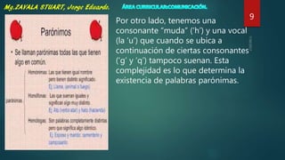 9Por otro lado, tenemos una
consonante “muda” (‘h’) y una vocal
(la ‘u’) que cuando se ubica a
continuación de ciertas consonantes
(‘g’ y ‘q’) tampoco suenan. Esta
complejidad es lo que determina la
existencia de palabras parónimas.
 