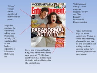 ‘ Entertainment weekly’ – well respected magazine for TV and films. Instantly increases the films reputation. Magazine mentions the films main selling point. Paranormal Activity (PA) was famed for its low budget, especially as it became a Hollywood hit. Facial expressions plays on horror stereotypes. Woman is scared and screaming, whereas the man has his arm around her and holding her hand, showing us that he’s protecting her from the supernatural. ‘ Tale of Terror!’ – further signifier of Horror/thriller genre. Cover also promotes Stephen King, who writes books in the same genre of PA. His fans could watch PA, as they enjoy his books and would therefore like similar films. 