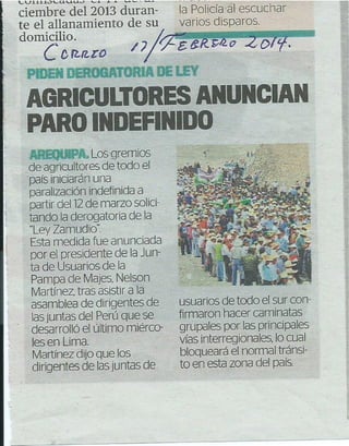 AGRICULTORES DEL PERU ANUNCIAN PARO INDEFINIDO SI NO DEROGAN LA LEY 30157