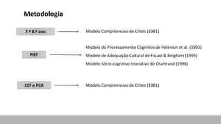 Metodologia
7.º 8.º ano
PIEF
CEF e PCA
Modelo Compreensivo de Crites (1981)
Modelo do Processamento Cognitivo de Peterson et al. (1991)
Modelo de Adequação Cultural de Fouad & Bingham (1995)
Modelo Sócio-cognitivo Interativo de Chartrand (1996)
Modelo Compreensivo de Crites (1981)
 