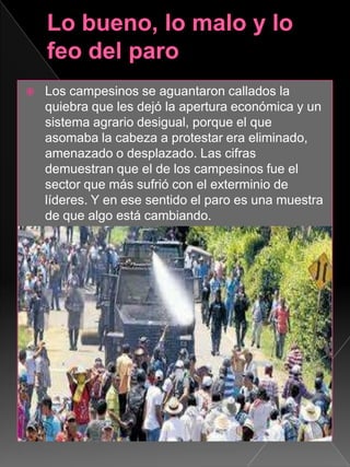  Los campesinos se aguantaron callados la
quiebra que les dejó la apertura económica y un
sistema agrario desigual, porque el que
asomaba la cabeza a protestar era eliminado,
amenazado o desplazado. Las cifras
demuestran que el de los campesinos fue el
sector que más sufrió con el exterminio de
líderes. Y en ese sentido el paro es una muestra
de que algo está cambiando.
 