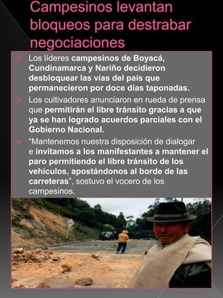  Los líderes campesinos de Boyacá,
Cundinamarca y Nariño decidieron
desbloquear las vías del país que
permanecieron por doce días taponadas.
 Los cultivadores anunciaron en rueda de prensa
que permitirán el libre tránsito gracias a que
ya se han logrado acuerdos parciales con el
Gobierno Nacional.
 “Mantenemos nuestra disposición de dialogar
e invitamos a los manifestantes a mantener el
paro permitiendo el libre tránsito de los
vehículos, apostándonos al borde de las
carreteras”, sostuvo el vocero de los
campesinos.
 