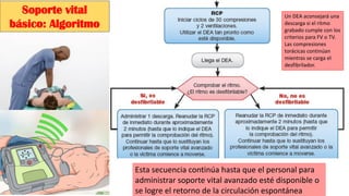 Un DEA aconsejará una
descarga si el ritmo
grabado cumple con los
criterios para FV o TV.
Las compresiones
torácicas continúan
mientras se carga el
desfibrilador.
Esta secuencia continúa hasta que el personal para
administrar soporte vital avanzado esté disponible o
se logre el retorno de la circulación espontánea
Soporte vital
básico: Algoritmo
 