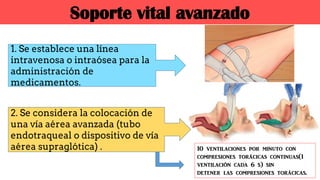 Soporte vital avanzado
1. Se establece una línea
intravenosa o intraósea para la
administración de
medicamentos.
2. Se considera la colocación de
una vía aérea avanzada (tubo
endotraqueal o dispositivo de vía
aérea supraglótica) . 10 ventilaciones por minuto con
compresiones torácicas continuas(1
ventilación cada 6 s) sin
detener las compresiones torácicas.
 