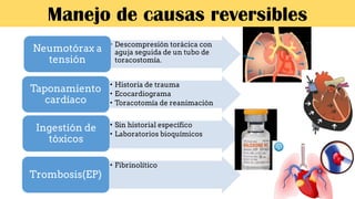 • Descompresión torácica con
aguja seguida de un tubo de
toracostomía.
Neumotórax a
tensión
• Historia de trauma
• Ecocardiograma
• Toracotomía de reanimación
Taponamiento
cardíaco
• Sin historial específico
• Laboratorios bioquímicos
Ingestión de
tóxicos
• Fibrinolítico
Trombosis(EP)
Manejo de causas reversibles
 
