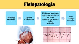 Fisiopatología
Miocardio
susceptible
Factores
precipitantes
Fibrilación ventricular
Taquicardia ventricular
sin pulso
Actividad eléctrica sin
pulso
Asistolia
Paro
cardíaco
repentino
 