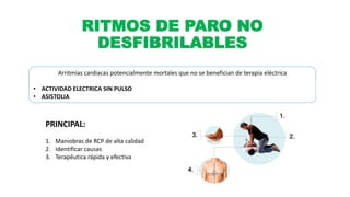 Arritmias cardiacas potencialmente mortales que no se benefician de terapia eléctrica
• ACTIVIDAD ELECTRICA SIN PULSO
• ASISTOLIA
PRINCIPAL:
1. Maniobras de RCP de alta calidad
2. Identificar causas
3. Terapéutica rápida y efectiva
RITMOS DE PARO NO
DESFIBRILABLES
 