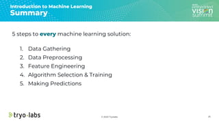 © 2020 Tryolabs
Introduction to Machine Learning
Summary
5 steps to every machine learning solution:
1. Data Gathering
2. ...