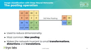 © 2020 Tryolabs 42
Image classification with Deep Neural Networks
The pooling operation
► Used to reduce dimensionality
► ...
