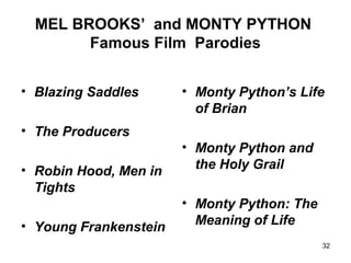 MEL BROOKS’ and MONTY PYTHON
Famous Film Parodies
• Blazing Saddles
• The Producers
• Robin Hood, Men in
Tights
• Young Frankenstein
• Monty Python’s Life
of Brian
• Monty Python and
the Holy Grail
• Monty Python: The
Meaning of Life
32
 